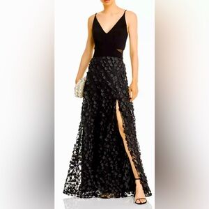 Aqua Formal Strappy Black V-Neck Floral Applique Gown